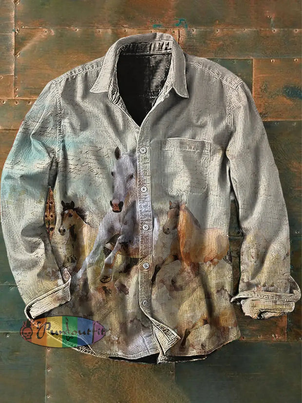 Unisex Men’s Vintage Western Horse Design Art Abstract Print Casual Long Sleeve Shirt As Picture / S