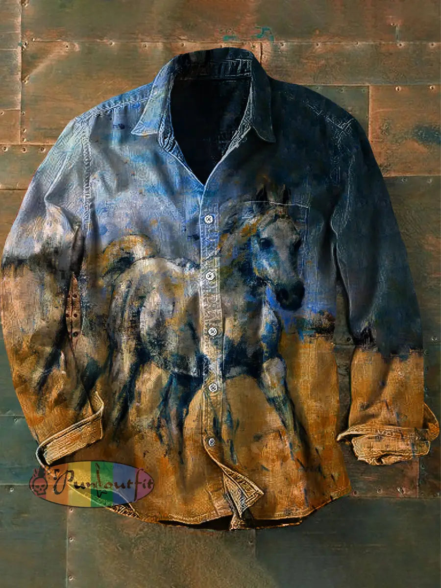 Unisex Men’s Vintage Western Horse Oil Painting Art Colorful Abstract Print Casual Long Sleeve