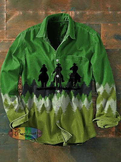 Unisex Men’s Vintage Western National Horseback Riding Abstract Print Casual Long Sleeve Shirt