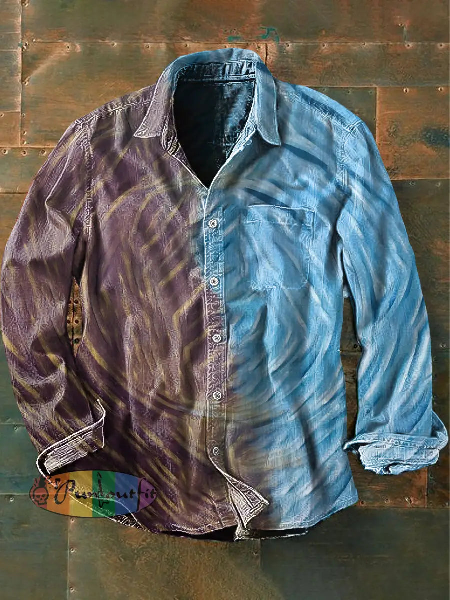 Unisex Men’s Vintage Western Swirl Colorful Abstract Print Casual Long Sleeve Shirt As picture / S