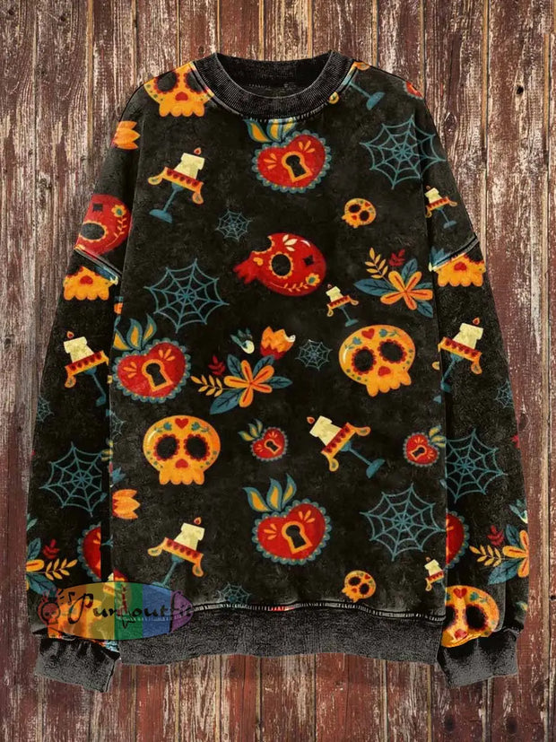 Unisex Mexican Skull Print Halloween Crew Neck Casual Sweatshirt Black / S