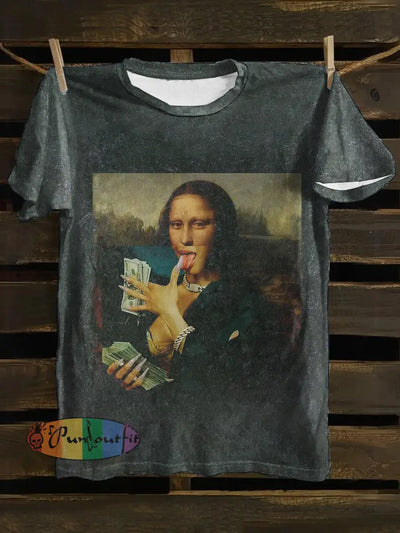 Unisex Mona Lisa Print Punk Casual Short Sleeves T-Shirt Black / S