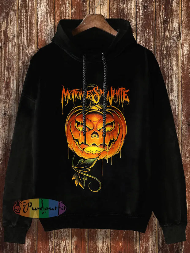 Unisex Monster Pumpkin Print Halloween Casual Hooded Sweatshirt Black / S