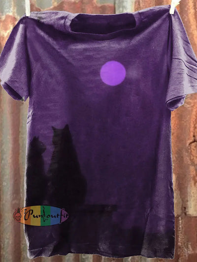 Unisex Moon And Cat Art Illustration Print Casual Short Sleeves T-Shirt Purple / S