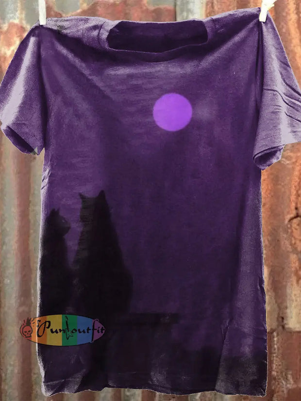 Unisex Moon And Cat Art Illustration Print Casual Short Sleeves T-Shirt Purple / S