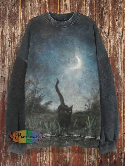 Unisex Moon And Cat Print Halloween Crew Neck Casual Sweatshirt Colorful / S