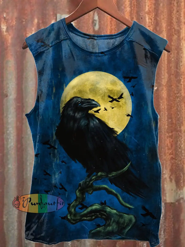 Unisex Moon Crow Art Illustration Print Casual Cotton Tank Top Blue / S