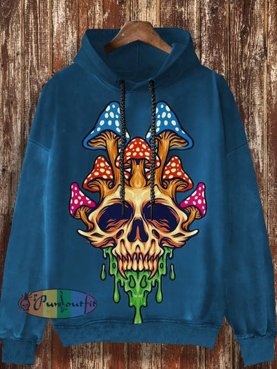 Unisex Mushroom Skull Retro Cartoon Print Casual Fashion Long Sleeved Hooded Sweatshirt Blue / S