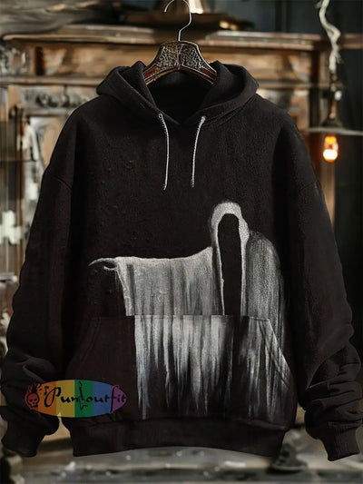 Unisex No-Face Ghost Print Halloween Hooded Sweatshirt With Pocket Black / S