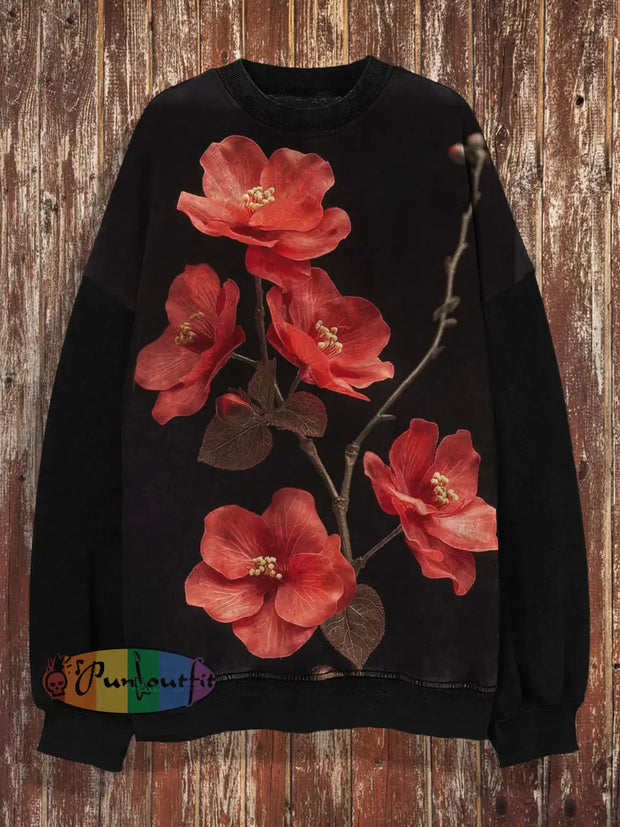 Unisex Peony Print Crew Neck Casual Sweatshirt Black / S