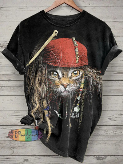 Unisex Pirate Cat Printed Vintage Fashion Loose Short Sleeve T-Shirt Black / S