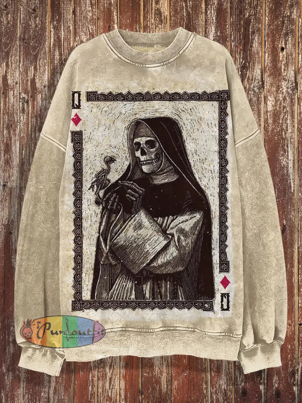 Unisex Poker Skull Print Halloween Crew Neck Casual Sweatshirt Light Brown / S