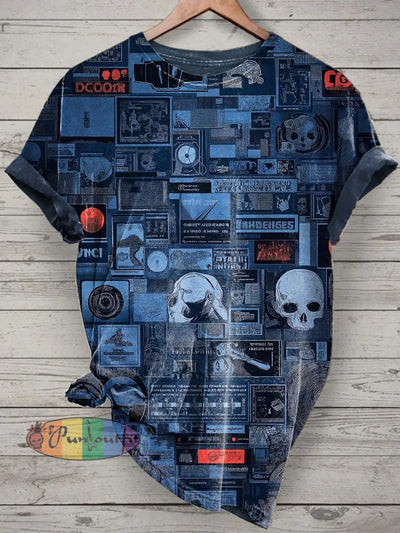 Unisex Printed Vintage Fashion Loose Short Sleeve T-Shirt Navy Blue / S