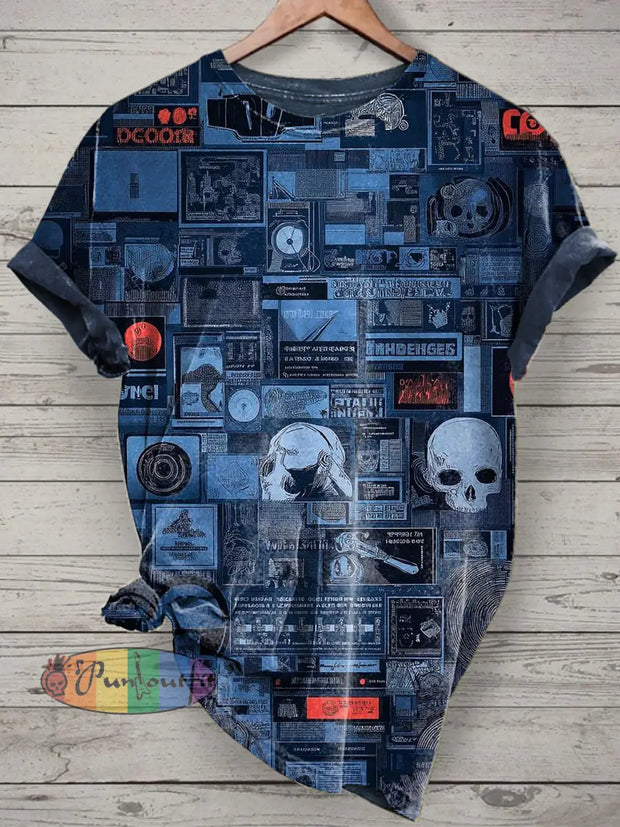 Unisex Printed Vintage Fashion Loose Short Sleeve T-Shirt Navy Blue / S