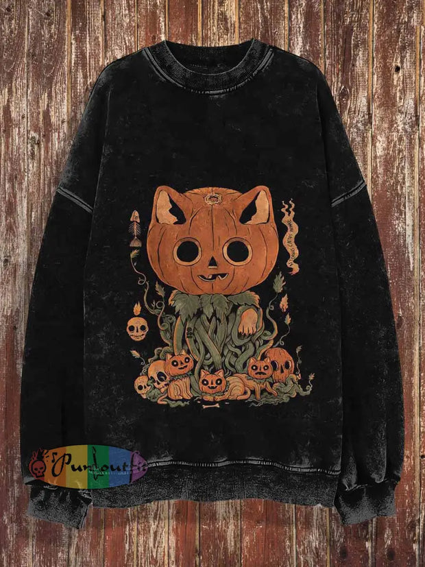 Unisex Pumpkin-Cat Print Crew Neck Casual Sweatshirt Black / S