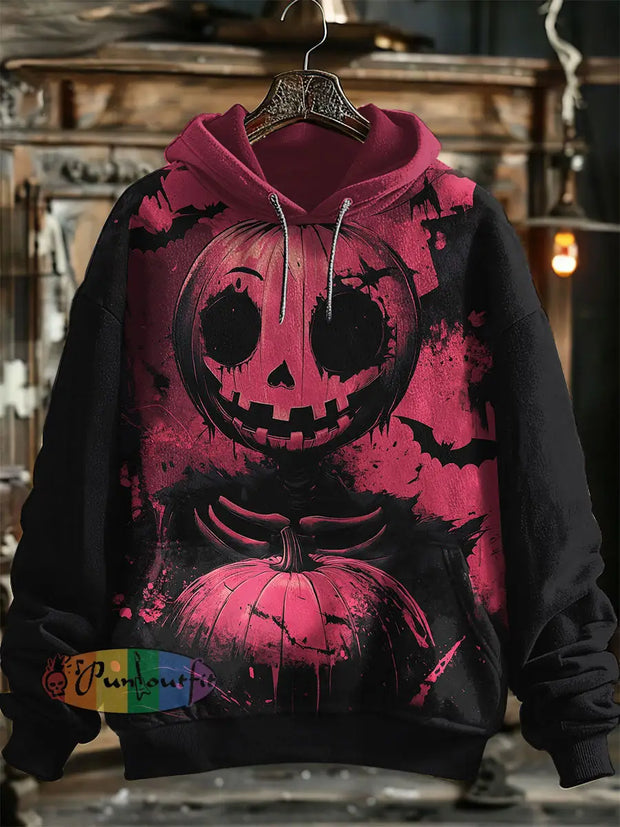 Unisex Pumpkin Man Print Halloween Hooded Sweatshirt With Pocket Red / S