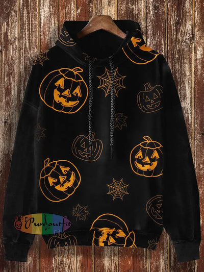 Unisex Pumpkin Print Halloween Casual Hooded Sweatshirt Black / S