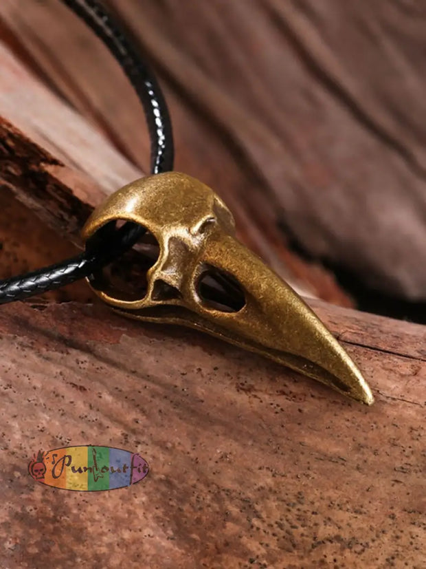 Unisex Punk Metal Skull Crow Head Pendant Necklace Bronze / One Size Acc