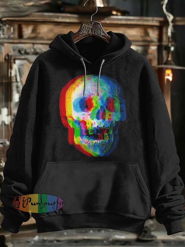 Unisex Punk Skull Halloween Print Hooded Sweatshirt With Pocket Black / S