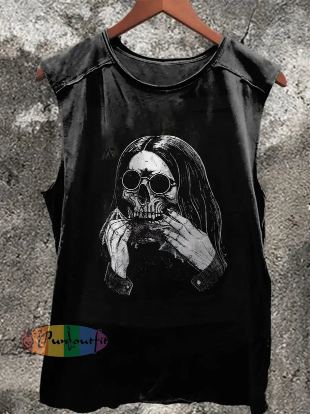 Unisex Punk Skull Print Casual Crew Neck Vest Black / S