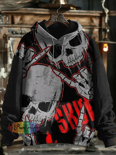 Unisex Punk Skull Print Halloween Hooded Sweatshirt With Pocket Black / S