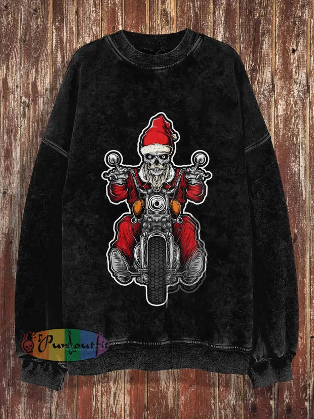 Unisex Punk Skull Santa Claus Print Crew Neck Casual Sweatshirt Black / S