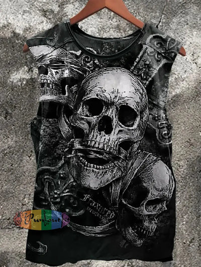 Unisex Punk Skulls Print Casual Crew Neck Vest Black / S