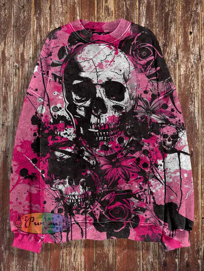 Unisex Punk Style Rose And Skull Print Halloween Crew Neck Casual Sweatshirt Pink / S