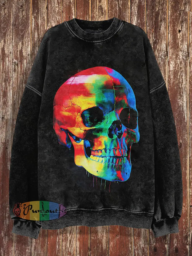 Unisex Rainbow Skull Print Halloween Crew Neck Casual Sweatshirt Black / S