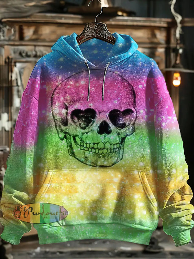 Unisex Rainbow Skull Print Halloween Hooded Sweatshirt With Pocket Colorful / S