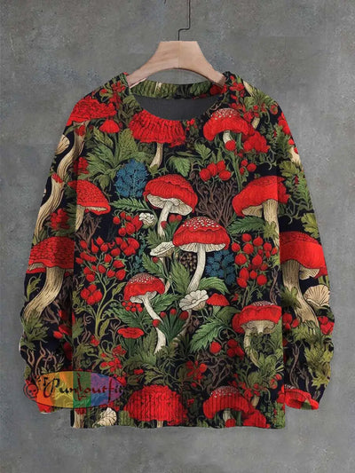 Unisex Red Mushroom Print Casual Sweater As Picture / S