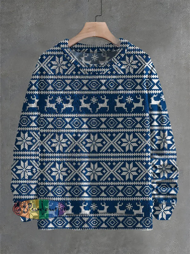 Unisex Reindeer Snowflake Abstract Christmas Print Crew Neck Sweater Blue / S