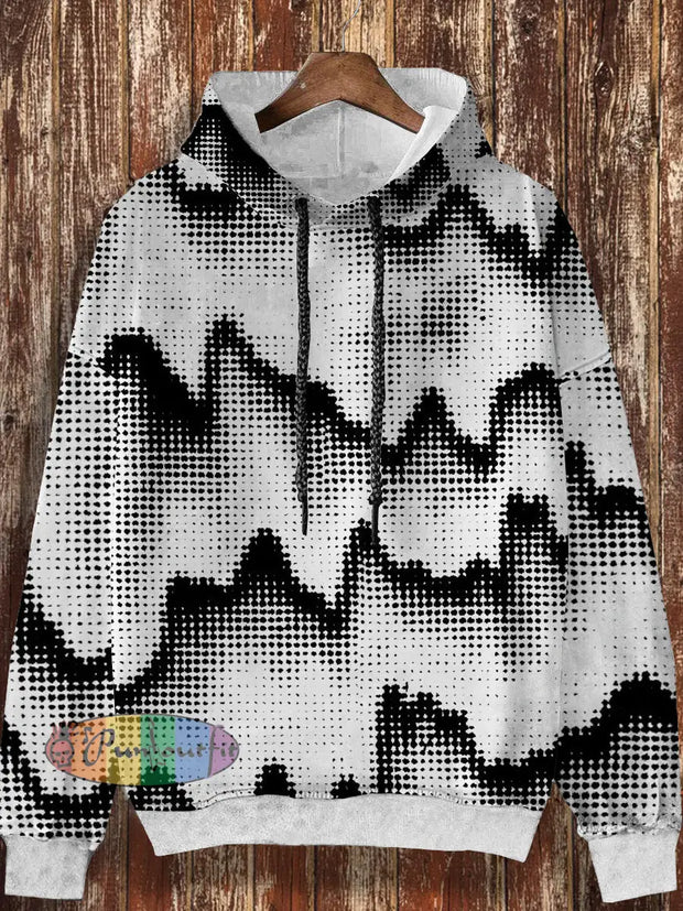 Unisex Retro Black And White Abstract Pattern Printed Casual Fashion Long Sleeved Loose Hooded