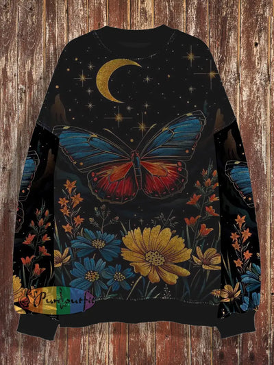 Unisex Retro Butterfly Floral Art Print Casual Loose Round Neck Long Sleeved Sweatshirt Black / S