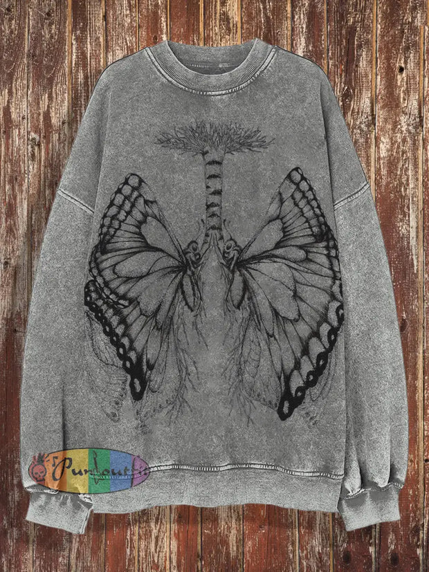 Unisex Retro Butterfly Pattern Design Art Print Casual Loose Round Neck Long Sleeved Sweatshirt