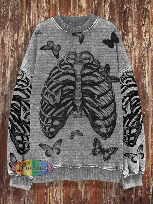 Unisex Retro Butterfly Skeleton Abstract Art Print Casual Loose Round Neck Long Sleeved Sweatshirt