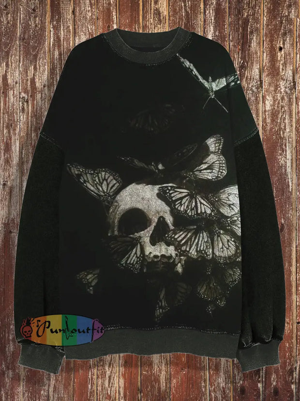 Unisex Retro Butterfly Skull Pattern Design Art Print Casual Loose Round Neck Long Sleeved