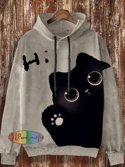 Unisex Retro Cat Pattern Printed Casual Fashion Long Sleeved Loose Hooded Sweatshirt Light Brown / S