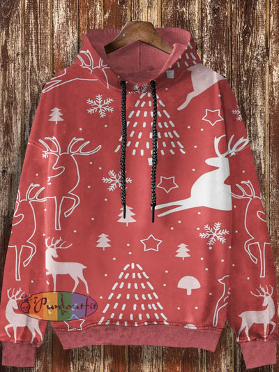 Unisex Retro Christmas Cartoon Printed Casual Fashion Long Sleeved Loose Hooded Sweatshirt Red / S