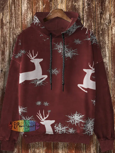 Unisex Retro Christmas Reindeer Snowflake Cartoon Print Casual Fashion Long Sleeved Loose Hooded