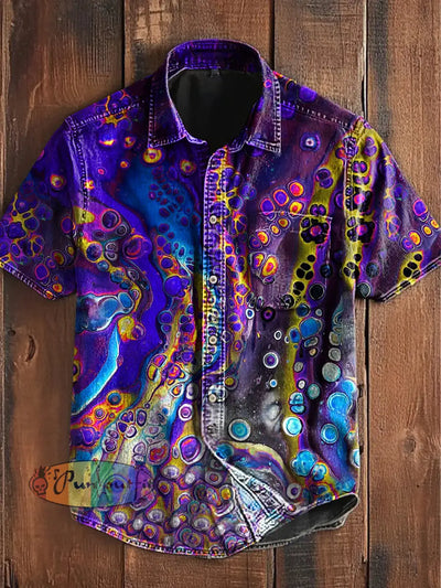 Unisex Retro Colourful Bubble Art Abstract Print Casual Upgraded Cotton Short Sleeve Pocket Shirt Purple / S