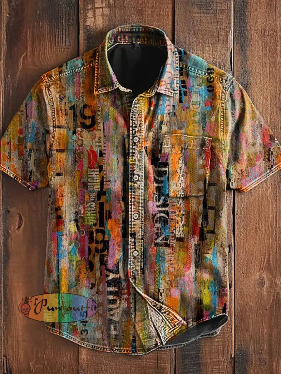 Unisex Retro Colourful Poster Art Abstract Print Casual Upgraded Cotton Short Sleeve Pocket Shirt As picture / S