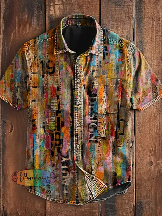Unisex Retro Colourful Poster Art Abstract Print Casual Upgraded Cotton Short Sleeve Pocket Shirt As picture / S