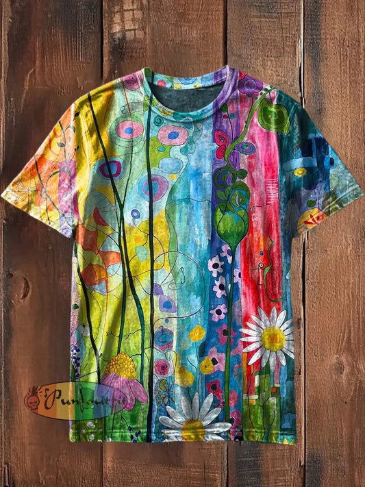 Unisex Retro Colourful Whimsical Flower Garden City Abstract Print Casual Cotton Short Sleeve T-Shirt As picture / S