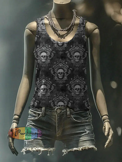 Unisex Retro Dark Style Skull Print Art Casual Tank Top Black / S