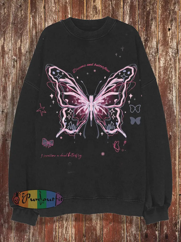 Unisex Retro Fluorescent Butterfly Art Print Casual Loose Round Neck Long Sleeved Sweatshirt Black