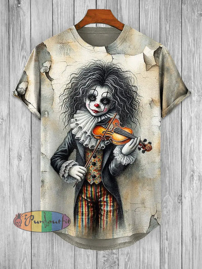 Unisex Retro Joker Printed Fashionable Loose Short Sleeved T-shirt With Irregular Hem Beige / S