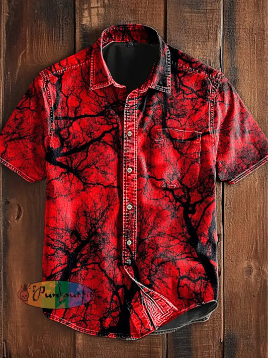 Unisex Retro Punk Dark Forest Abstract Print Casual Upgraded Cotton Short Sleeve Pocket Shirt Red / S
