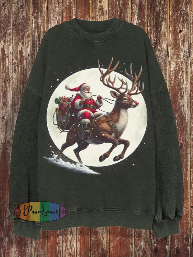 Unisex Retro Santa Claus And Reindeer Pattern Design Art Print Casual Loose Round Neck Long Sleeved