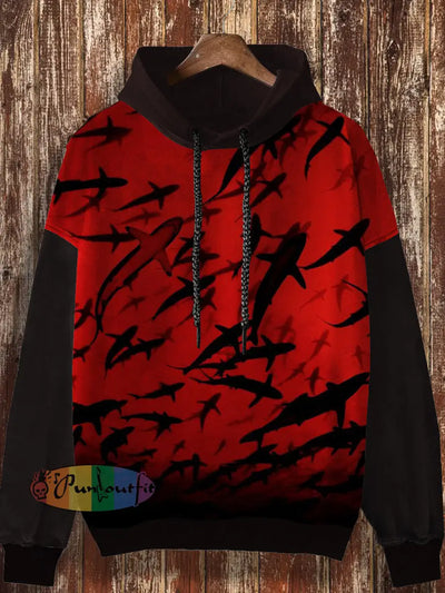 Unisex Retro Shark Print Casual Fashion Long Sleeved Loose Hooded Sweatshirt Red / S